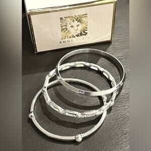 NEW Anne Klein BANGLE BRACELETS Silver Tone 3-Pc Set Crystal & Faux Pearl Boxed